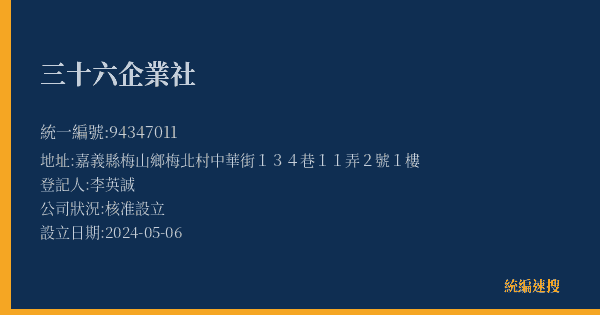 三十六企業社的照片-統編 94347011(嘉義縣) 公司登記資料與營業項目詳細圖表