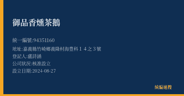 御品香燻茶鵝的照片-統編 94351160(嘉義縣) 公司登記資料與營業項目詳細圖表