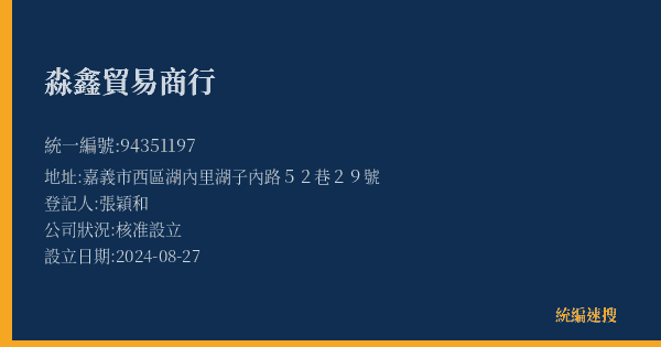 淼鑫貿易商行的照片-統編 94351197(嘉義市) 公司登記資料與營業項目詳細圖表