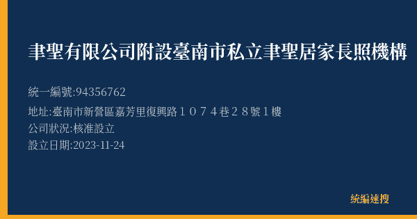 聿聖有限公司附設臺南市私立聿聖居家長照機構的照片-統編 94356762(臺南市) 公司登記資料與營業項目詳細圖表