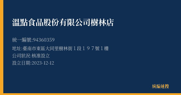 溫點食品股份有限公司樹林店的照片-統編 94360359(臺南市) 公司登記資料與營業項目詳細圖表