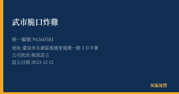 武市脆口炸雞的照片-統編 94360581(臺南市) 公司登記資料與營業項目詳細圖表