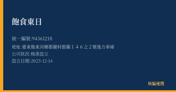 飽食東日的照片-統編 94361218(臺東縣) 公司登記資料與營業項目詳細圖表