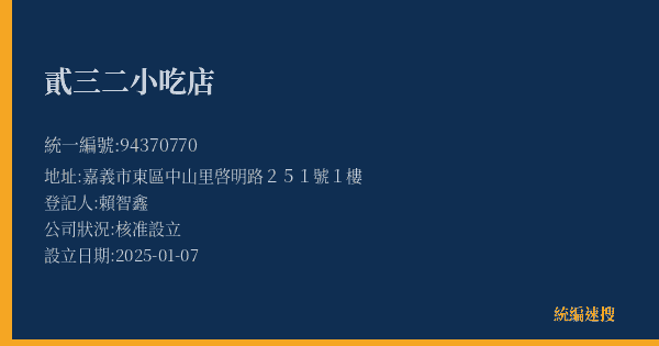 貳三二小吃店的照片-統編 94370770(嘉義市) 公司登記資料與營業項目詳細圖表