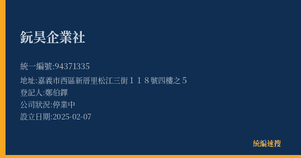 鈨昊企業社的照片-統編 94371335(嘉義市) 公司登記資料與營業項目詳細圖表