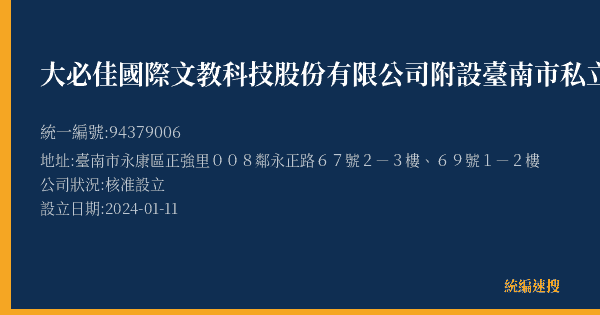 大必佳國際文教科技股份有限公司附設臺南市私立正必佳文理短期補習班的照片-統編 94379006(臺南市) 公司登記資料與營業項目詳細圖表