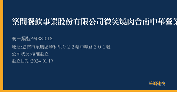 築間餐飲事業股份有限公司微笑燒肉台南中華營業所的照片-統編 94381018(臺南市) 公司登記資料與營業項目詳細圖表