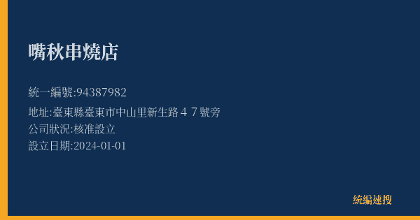 嘴秋串燒店的照片-統編 94387982(臺東縣) 公司登記資料與營業項目詳細圖表