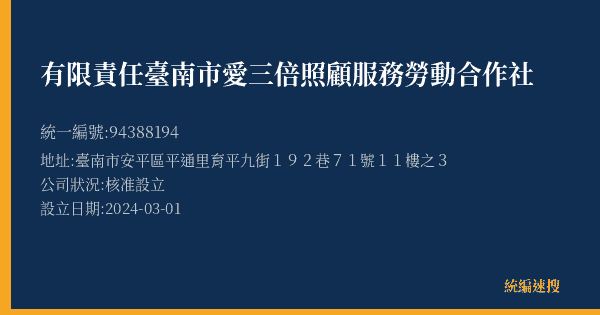 有限責任臺南市愛三倍照顧服務勞動合作社的照片-統編 94388194(臺南市) 公司登記資料與營業項目詳細圖表