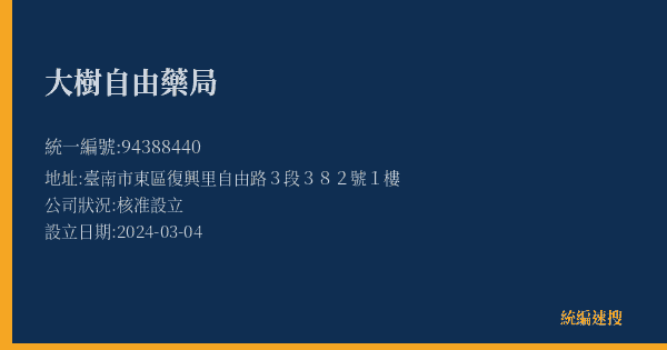 大樹自由藥局的照片-統編 94388440(臺中市) 公司登記資料與營業項目詳細圖表