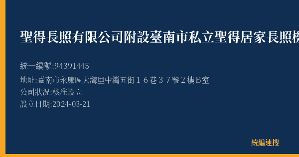 聖得長照有限公司附設臺南市私立聖得居家長照機構的照片-統編 94391445(臺南市) 公司登記資料與營業項目詳細圖表