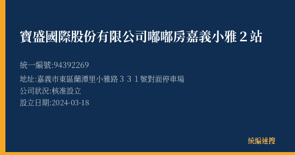 寶盛國際股份有限公司嘟嘟房嘉義小雅2站的照片-統編 94392269(嘉義市) 公司登記資料與營業項目詳細圖表