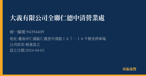 大義有限公司全聯仁德中清營業處的照片-統編 94394409(臺南市) 公司登記資料與營業項目詳細圖表
