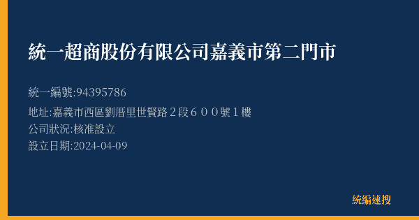 統一超商股份有限公司嘉義市第二門市的照片-統編 94395786(嘉義市) 公司登記資料與營業項目詳細圖表