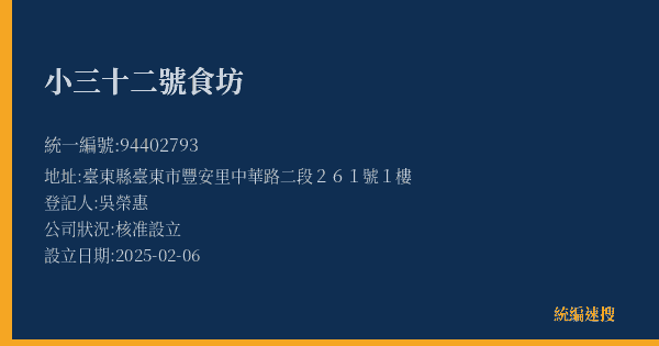 小三十二號食坊的照片-統編 94402793(臺東縣) 公司登記資料與營業項目詳細圖表