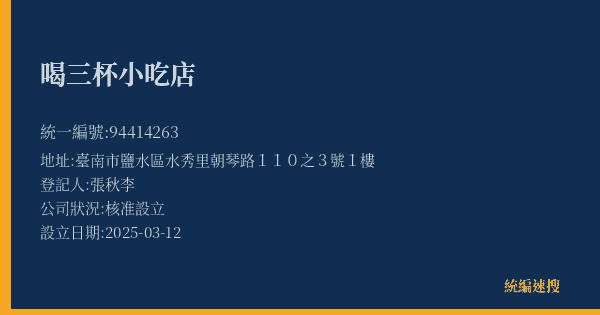 喝三杯小吃店的照片-統編 94414263(臺南市) 公司登記資料與營業項目詳細圖表