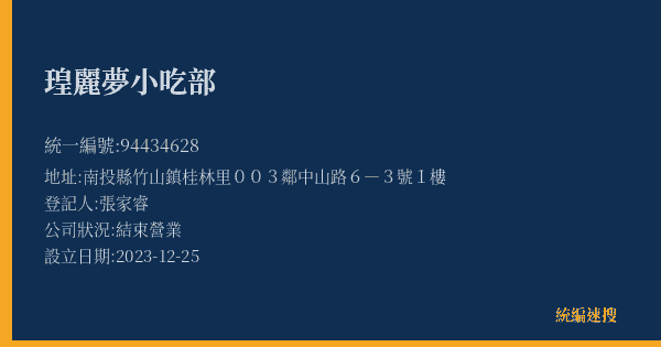 瑝麗夢小吃部的照片-統編 94434628(南投縣) 公司登記資料與營業項目詳細圖表