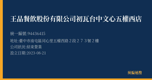 王品餐飲股份有限公司初瓦台中文心五權西店的照片-統編 94436415(臺中市) 公司登記資料與營業項目詳細圖表