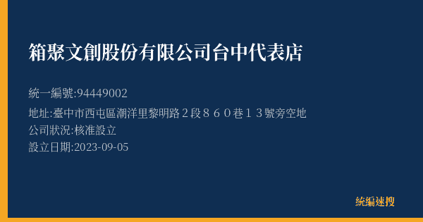 箱聚文創股份有限公司台中代表店的照片-統編 94449002(臺中市) 公司登記資料與營業項目詳細圖表
