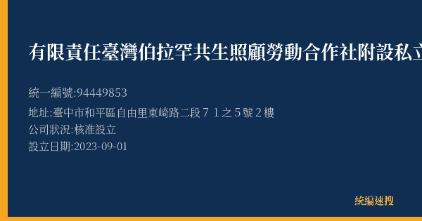 有限責任臺灣伯拉罕共生照顧勞動合作社附設私立伯拉罕社區長照機構的照片-統編 94449853(臺中市) 公司登記資料與營業項目詳細圖表