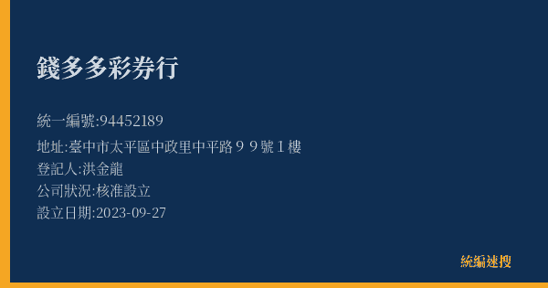 錢多多彩券行的照片-統編 94452189(臺中市) 公司登記資料與營業項目詳細圖表