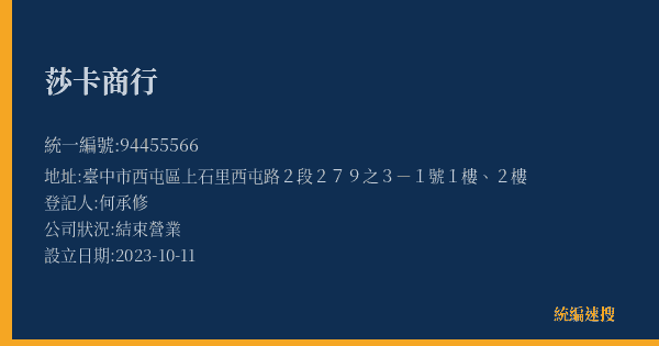 莎卡商行的照片-統編 94455566(臺中市) 公司登記資料與營業項目詳細圖表