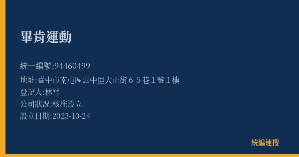 畢肯運動的照片-統編 94460499(臺中市) 公司登記資料與營業項目詳細圖表