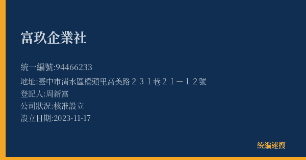富玖企業社的照片-統編 94466233(臺中市) 公司登記資料與營業項目詳細圖表