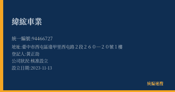 緯綋車業的照片-統編 94466727(臺中市) 公司登記資料與營業項目詳細圖表