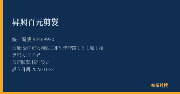 昇興百元剪髮的照片-統編 94469920(臺中市) 公司登記資料與營業項目詳細圖表