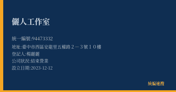 儷人工作室的照片-統編 94473332(臺中市) 公司登記資料與營業項目詳細圖表