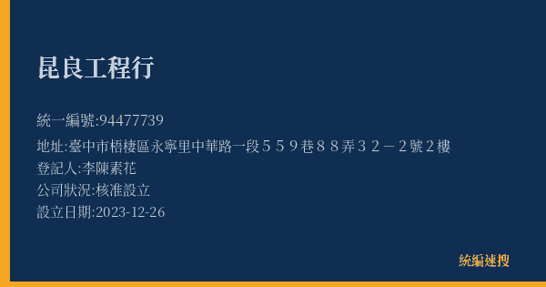 昆良工程行的照片-統編 94477739(臺中市) 公司登記資料與營業項目詳細圖表