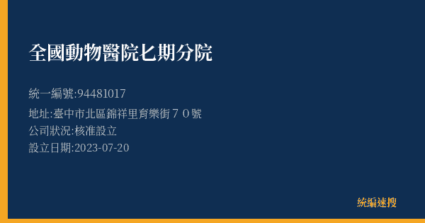 全國動物醫院𠤎期分院的照片-統編 94481017(臺中市) 公司登記資料與營業項目詳細圖表