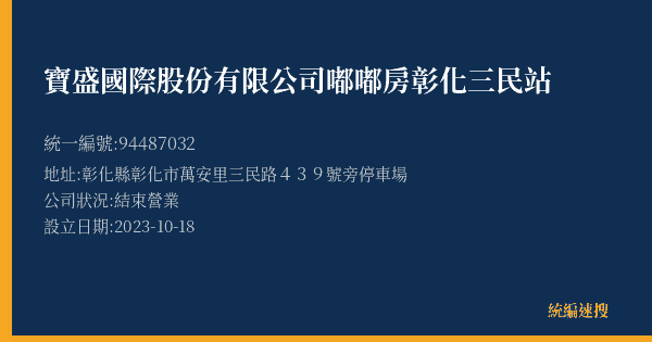 寶盛國際股份有限公司嘟嘟房彰化三民站的照片-統編 94487032(彰化縣) 公司登記資料與營業項目詳細圖表