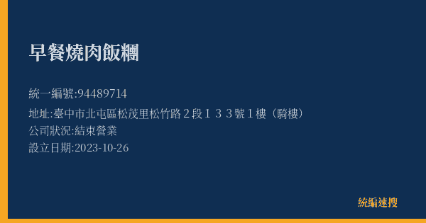 早餐燒肉飯糰的照片-統編 94489714(臺中市) 公司登記資料與營業項目詳細圖表