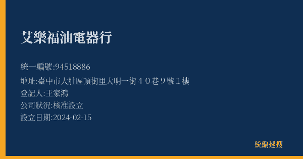 艾樂福油電器行的照片-統編 94518886(臺中市) 公司登記資料與營業項目詳細圖表