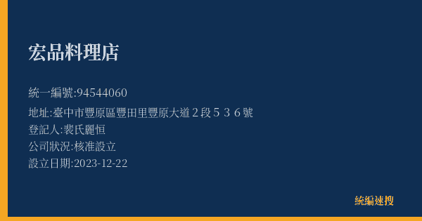宏品料理店的照片-統編 94544060(臺中市) 公司登記資料與營業項目詳細圖表