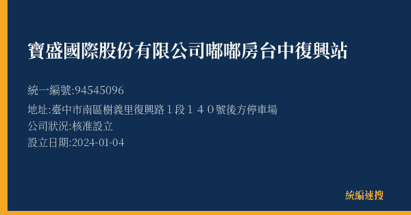 寶盛國際股份有限公司嘟嘟房台中復興站的照片-統編 94545096(臺中市) 公司登記資料與營業項目詳細圖表
