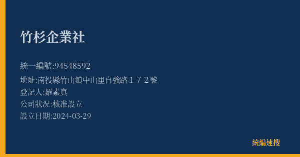 竹杉企業社的照片-統編 94548592(南投縣) 公司登記資料與營業項目詳細圖表
