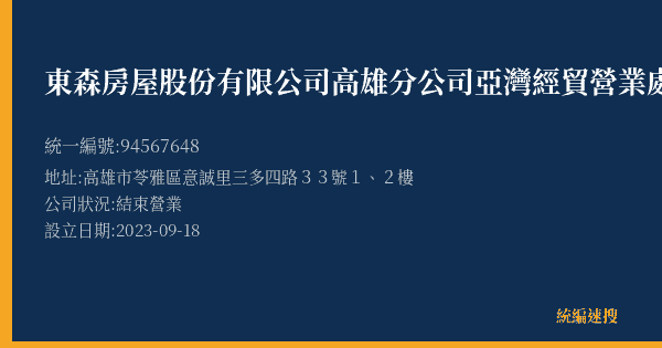 東森房屋股份有限公司高雄分公司亞灣經貿營業處的照片-統編 94567648(高雄市) 公司登記資料與營業項目詳細圖表