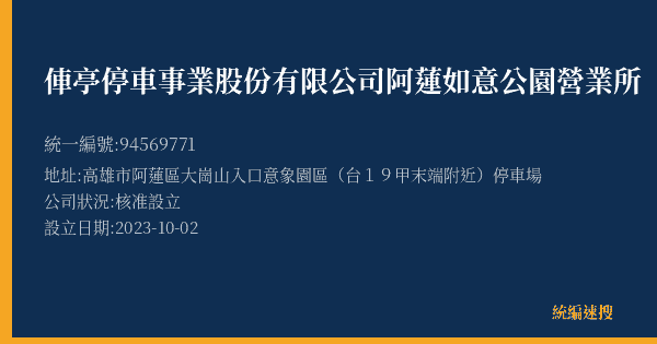 俥亭停車事業股份有限公司阿蓮如意公園營業所的照片-統編 94569771(高雄市) 公司登記資料與營業項目詳細圖表