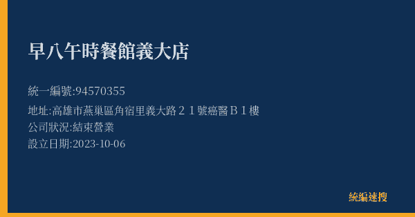 早八午時餐館義大店的照片-統編 94570355(高雄市) 公司登記資料與營業項目詳細圖表