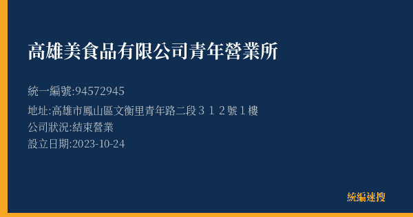高雄美食品有限公司青年營業所的照片-統編 94572945(高雄市) 公司登記資料與營業項目詳細圖表