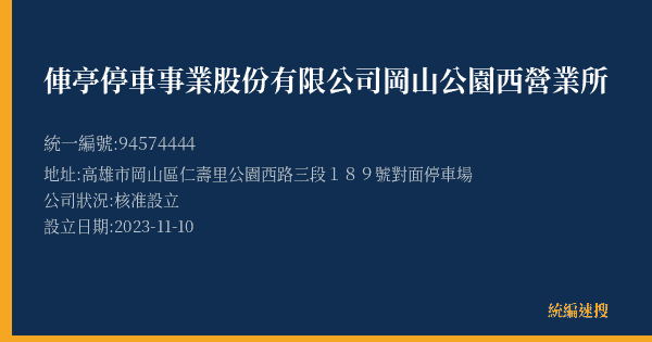 俥亭停車事業股份有限公司岡山公園西營業所的照片-統編 94574444(高雄市) 公司登記資料與營業項目詳細圖表