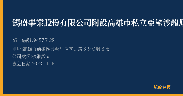 錫盛事業股份有限公司附設高雄市私立亞望沙龍原力社區長照機構的照片-統編 94575128(高雄市) 公司登記資料與營業項目詳細圖表