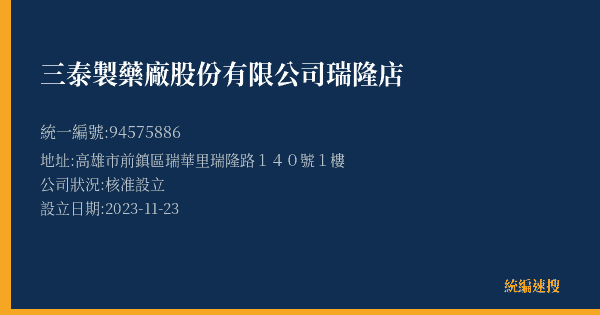 三泰製藥廠股份有限公司瑞隆店的照片-統編 94575886(高雄市) 公司登記資料與營業項目詳細圖表