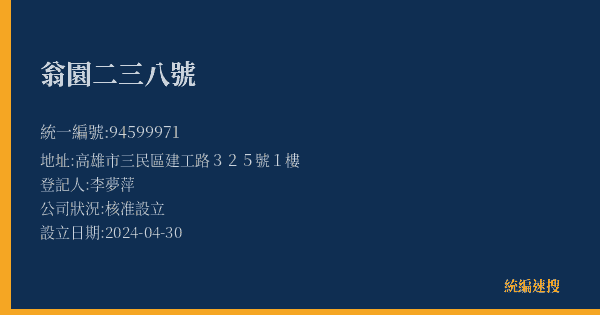 翁園二三八號的照片-統編 94599971(高雄市) 公司登記資料與營業項目詳細圖表
