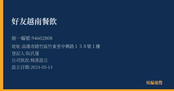 好友越南餐飲的照片-統編 94602808(高雄市) 公司登記資料與營業項目詳細圖表