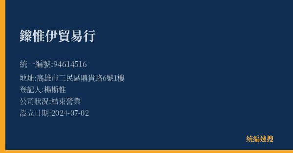 鑗惟伊貿易行的照片-統編 94614516(高雄市) 公司登記資料與營業項目詳細圖表