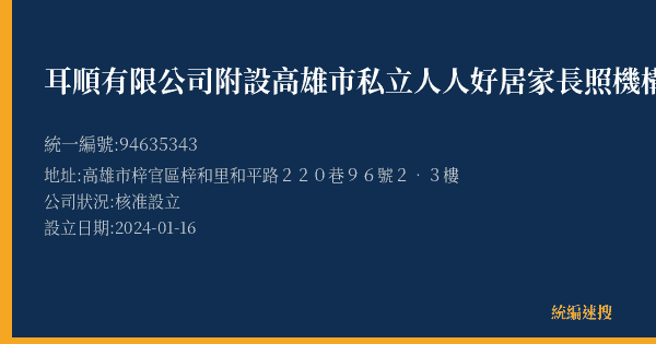 耳順有限公司附設高雄市私立人人好居家長照機構的照片-統編 94635343(高雄市) 公司登記資料與營業項目詳細圖表